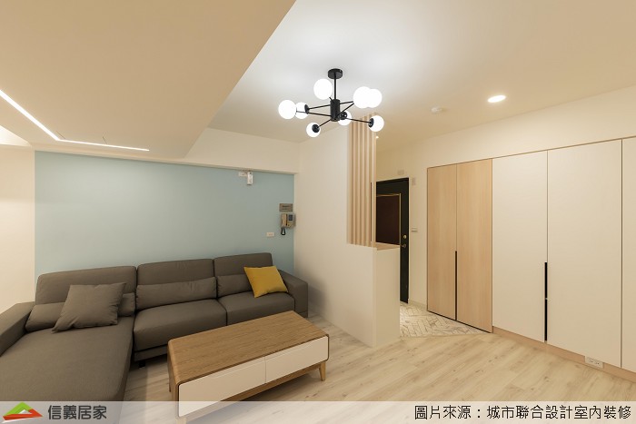 米色客廳，沙發牆、L型沙發