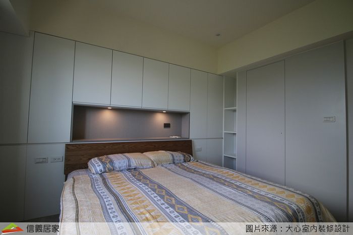 綠色臥室，床、嵌燈、床頭主牆