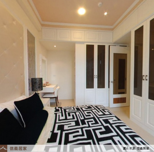 黑白臥室，單式天花板、雙人床、床頭主牆、化妝台