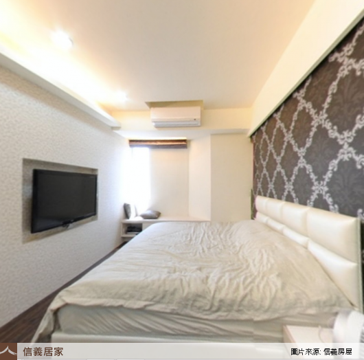 白色臥室，單式天花板、雙人床、壁紙