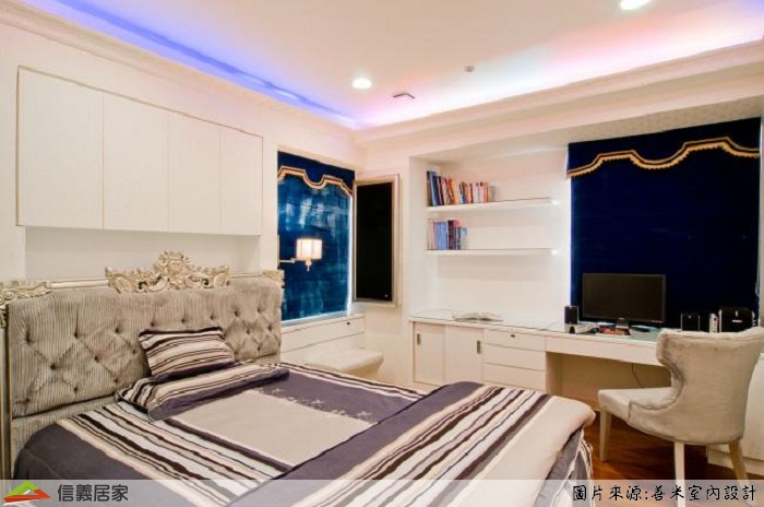 藍色臥室，床、書桌、書櫃