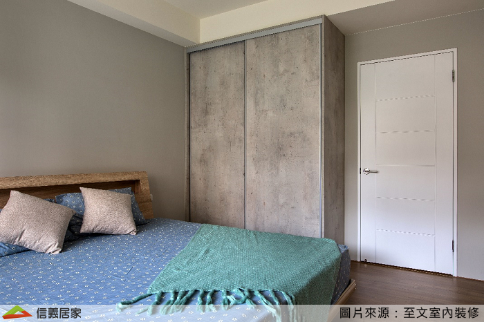 灰色臥室，床、收納櫃